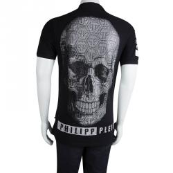 Pre Owned Philipp Plein Black Embellished Skull Motif Polo T-Shirt L