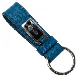 Pre Owned Prada Blue Saffiano Leather Logo Strap Key Chain 