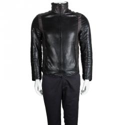 Pre Owned Prada Sport Black Quilted Panel Detail Leather Jacket M