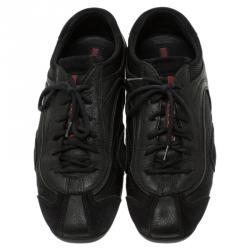 Pre Owned Prada Sport Black Leather and Suede Lace Up Sneakers Size 40.5