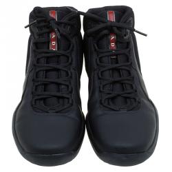 Pre Owned Prada Sport Black Leather and Mesh High Top Sneakers Size 42