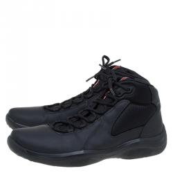 Pre Owned Prada Sport Black Leather and Mesh High Top Sneakers Size 42