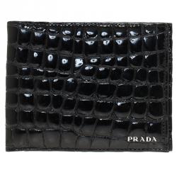 Prada Black Crocodile Embossed Patent Bi-Fold Wallet