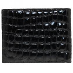 Prada Black Crocodile Embossed Patent Bi-Fold Wallet