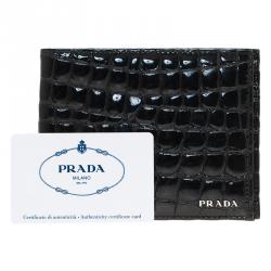 Prada Black Crocodile Embossed Patent Bi-Fold Wallet