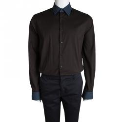 Prada Brown Contrast Collar and Cuff  Long Sleeve Shirt XL