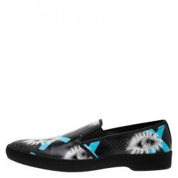 Prada Black Printed  Leather Runway Slip On Sneakers Size 44.5