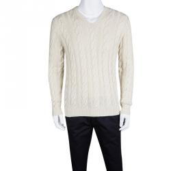مملوكة مسبقًا Ralph Lauren Cream Cable Handknit V Neck Sweater S