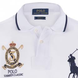 Pre Owned تيشيرت بولو رالف لورين مزين بشعار أبيض/ أزرق كحلي XXL