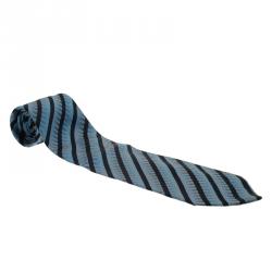 Saint Laurent Paris Blue and Black Striped Silk Tie