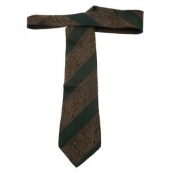 Saint Laurent Paris Green and Brown Embroidered Silk Tie