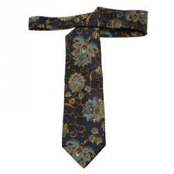 Saint Laurent Paris Blue Floral Print Silk Tie