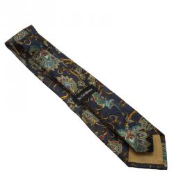 Saint Laurent Paris Blue Floral Print Silk Tie