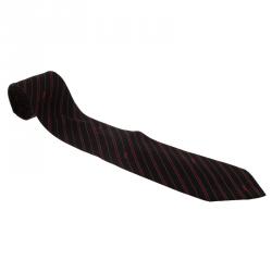 Saint Laurent Paris Red and Blue Striped Logo Silk Tie