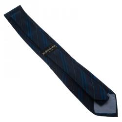 Pre Owned Saint Laurent Paris Blue Striped Logo Silk Tie