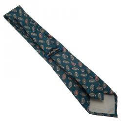 Pre Owned Saint Laurent Paris Green Printed Silk Tie