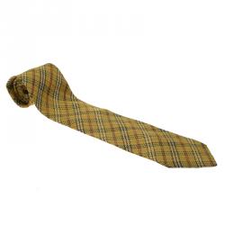 Pre Owned Saint Laurent Paris Yellow Tartan Print Silk Tie