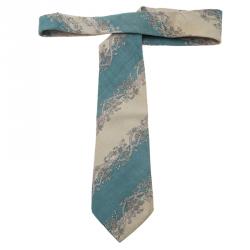 Pre Owned Saint Laurent Paris Blue and Beige Printed Silk Tie