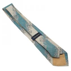 Pre Owned Saint Laurent Paris Blue and Beige Printed Silk Tie