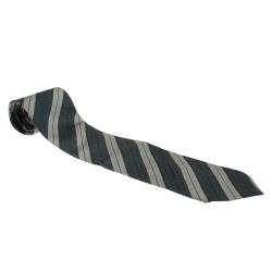 Saint Laurent Paris Grey and Blue Striped Silk Tie