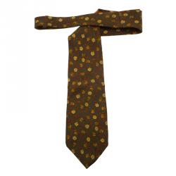 Saint Laurent Paris Green Floral Print Silk Tie