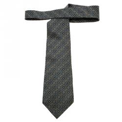 مملوكة مسبقًا ربطة عنق سان لوران باريس حرير منقوش أزرق وبيج 