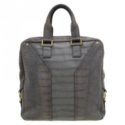 Saint Laurent Paris Grey Croc Embossed Muse Tote