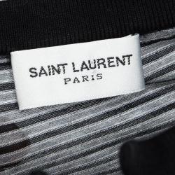 Pre Owned Saint Laurent Paris Black and Grey Striped Jersey Rib Trim T-Shirt  M