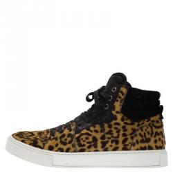 Pre Owned حذاء رياضي سان لوران باريس ماليبو برقبة عالية شعر عجل نقش فهد مقاس 44