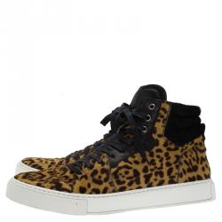 Pre Owned حذاء رياضي سان لوران باريس ماليبو برقبة عالية شعر عجل نقش فهد مقاس 44