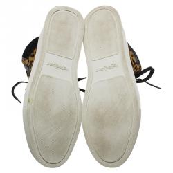 Pre Owned حذاء رياضي سان لوران باريس ماليبو برقبة عالية شعر عجل نقش فهد مقاس 44