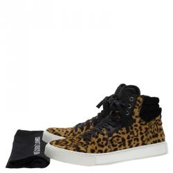 Pre Owned حذاء رياضي سان لوران باريس ماليبو برقبة عالية شعر عجل نقش فهد مقاس 44