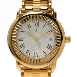 Saint Laurent Paris White Gold-Plated Stainless Steel Herrenuhr Men's Wristwatch 36MM