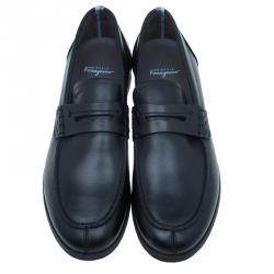 Pre Owned Salvatore Ferragamo World Tour Black Leather Penny Loafers Size 42