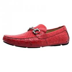 Pre Owned Salvatore Ferragamo Red Croc Embossed Leather Loafers Size 44.5