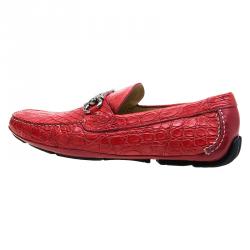Pre Owned Salvatore Ferragamo Red Croc Embossed Leather Loafers Size 44.5