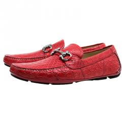 Pre Owned Salvatore Ferragamo Red Croc Embossed Leather Loafers Size 44.5