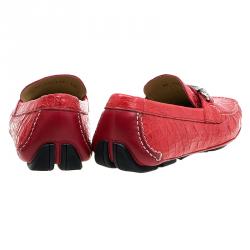 Pre Owned Salvatore Ferragamo Red Croc Embossed Leather Loafers Size 44.5