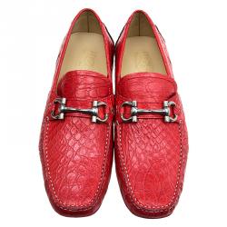 Pre Owned Salvatore Ferragamo Red Croc Embossed Leather Loafers Size 44.5