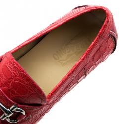 Pre Owned Salvatore Ferragamo Red Croc Embossed Leather Loafers Size 44.5
