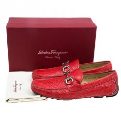 Pre Owned Salvatore Ferragamo Red Croc Embossed Leather Loafers Size 44.5