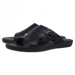 Pre Owned Salvatore Ferragamo Brown Leather Buckle Embellished Slip-On Sandals Size 43