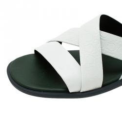 Salvatore Ferragamo White Logo Emobossed Criss Cross Strap Sandals Size 44