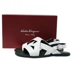 Salvatore Ferragamo White Logo Emobossed Criss Cross Strap Sandals Size 44