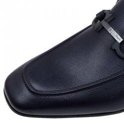 Pre Owned Salvatore Ferragamo Navy Blue Leather Manfredi Gancio Bit Loafers Size 43.5