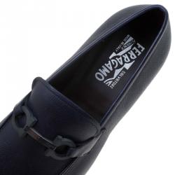 Pre Owned Salvatore Ferragamo Navy Blue Leather Manfredi Gancio Bit Loafers Size 43.5