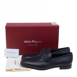 Pre Owned Salvatore Ferragamo Navy Blue Leather Manfredi Gancio Bit Loafers Size 43.5