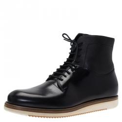 Pre Owned Salvatore Ferragamo Black Leather Mito Lace up Sneaker Boots Size 44