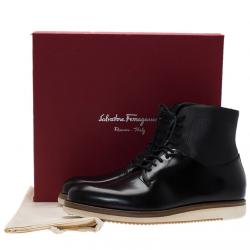 Pre Owned Salvatore Ferragamo Black Leather Mito Lace up Sneaker Boots Size 44