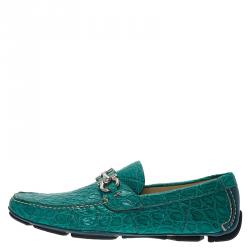 Pre Owned حذاء لوفرز سالفاتوري فيراغامو باريغي جلد نقشة التمساح أخضر مقاس 41